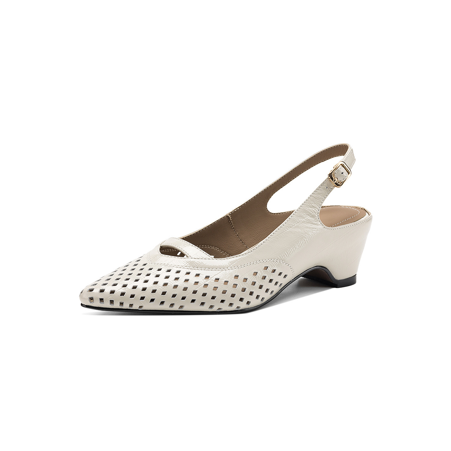 Sandal nữ gót thấp 5.5 cm mũi kín quai ngang khóa một chữ — màu trắng ngà