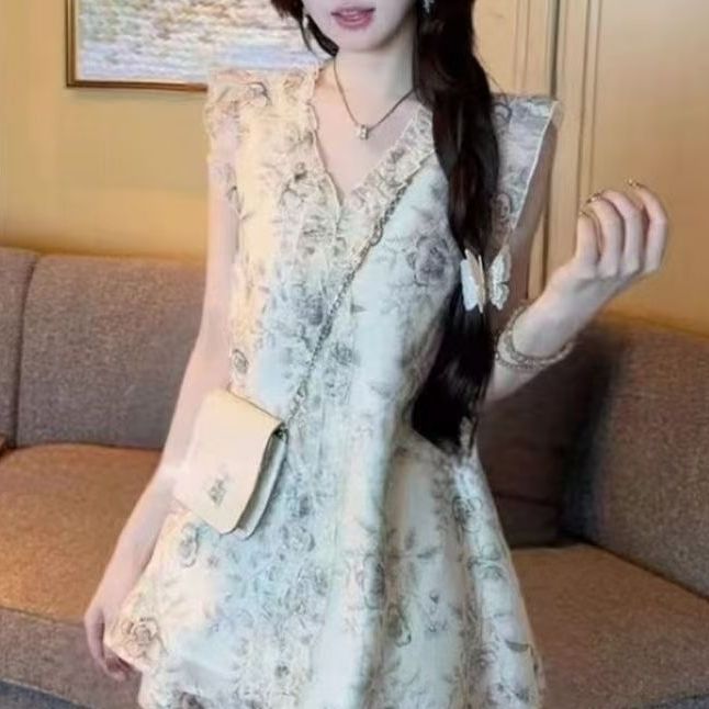 夏季度假穿搭减龄显瘦气质短袖法式休闲碎花连衣裙8286碎花裙拼接|undefined
