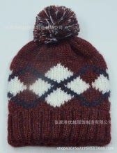 新款秋冬紅色格子卷邊帶毛球可定制毛線帽女套頭帽男針織帽批發