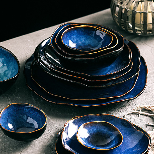 Creative household ceramics cross-border bowl and plate combination tableware kiln tableware rice bowl noodle bowl large soup bowl steak plate