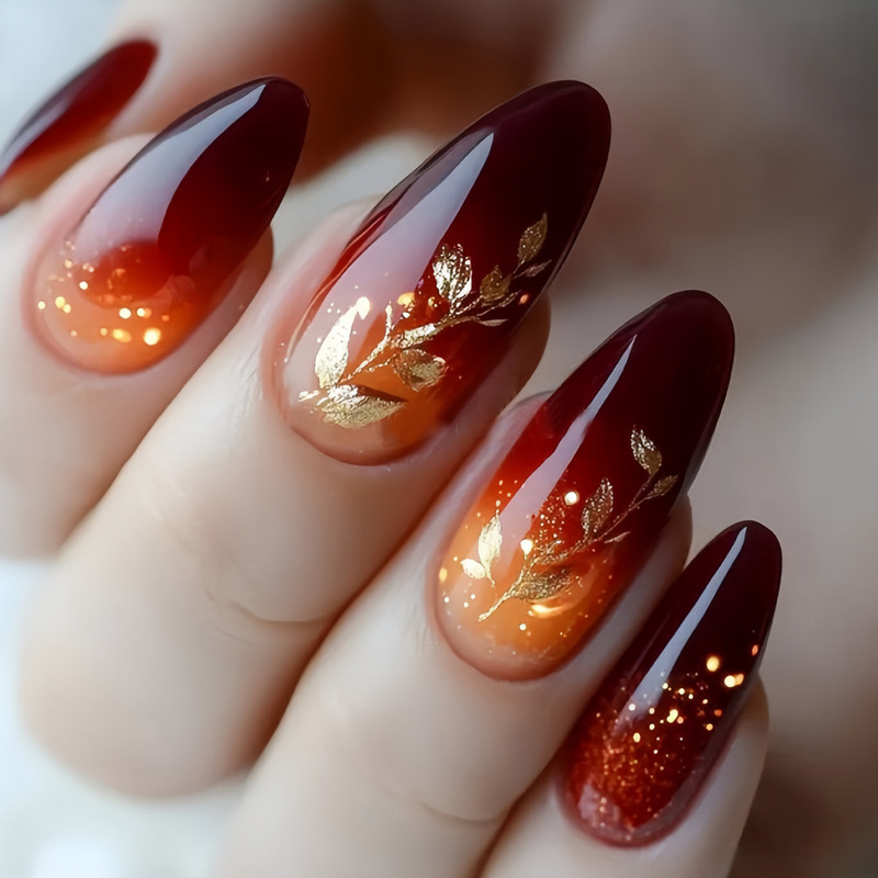 Cross-Border Hot-Selling Red and Yellow Gradient Gold Leaf Design Wearable Nails in Old Money Style Color Scheme Nail Art Tips Cross-Border Hot-Selling Red and Yellow Gradient Gold Leaf Design Wearable Nails in Old Money Style Color Scheme Nail Art Tips