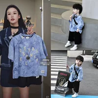 Tiktok в том же стиле 2023 новая окрашенная в галстук небесно-голубая футболка с короткими рукавами, одежда для родителей и детей, размер, детская одежда, семья три четыре T