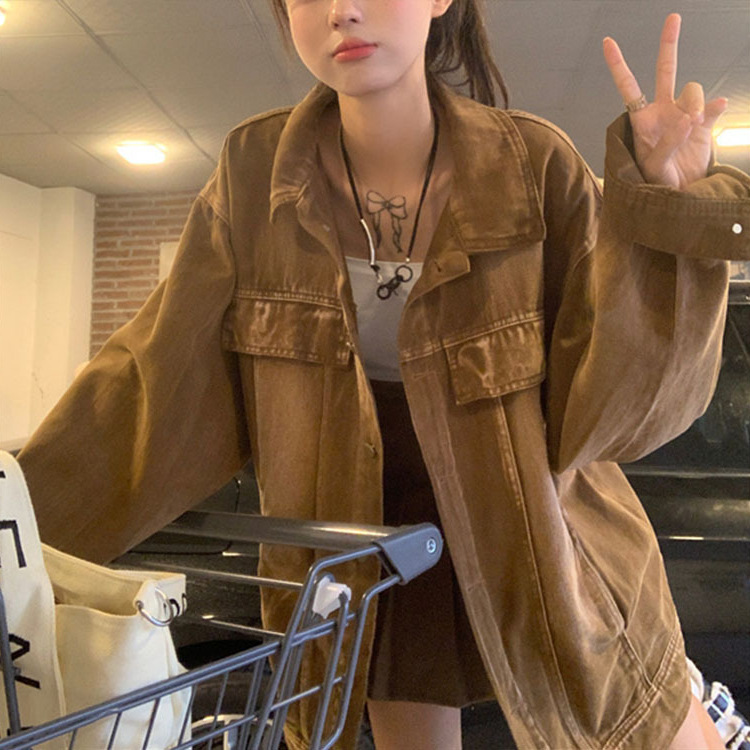 2025美式复古做旧中长款夹克情侣牛仔外套初秋Polo领长袖上衣女潮
