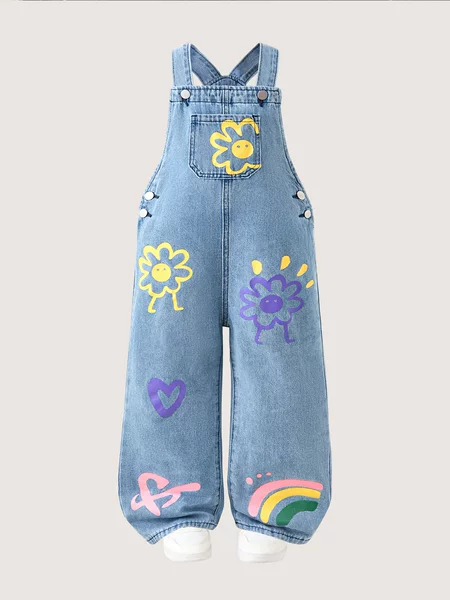 Cross-Border Girls' Spring and Autumn Denim Overalls New Style for Older Children, Loose Casual Straight Pants, Stylish and Versatile for Kids