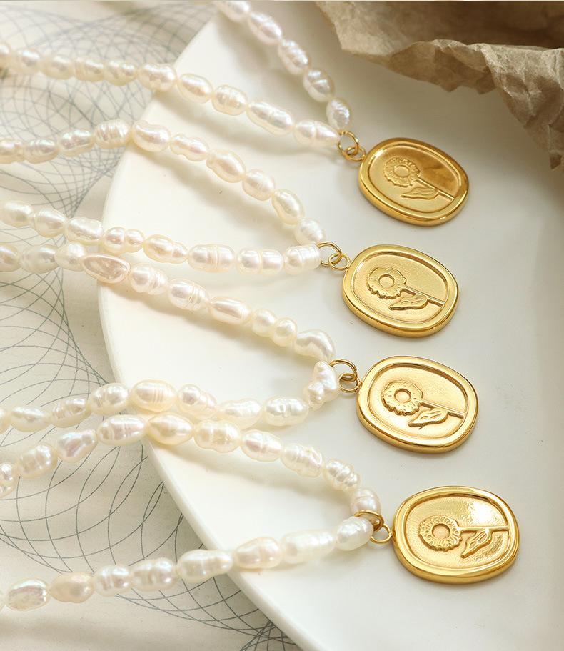 Elegant Flower Titanium Steel Gold Plated Pearl Pendant Necklace