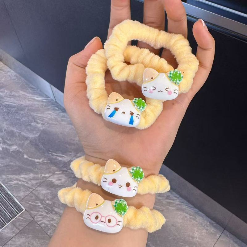 可爱四叶草幸运小猫发圈卡通表情猫咪发绳皮筋学生丸子毛绒发圈|undefined