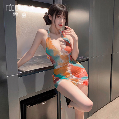 Feimu Deep U-Shape Groove Gradient Print Sheath Dress 6308, Summer Sexy Backless One-Piece Dress, 20/Pack