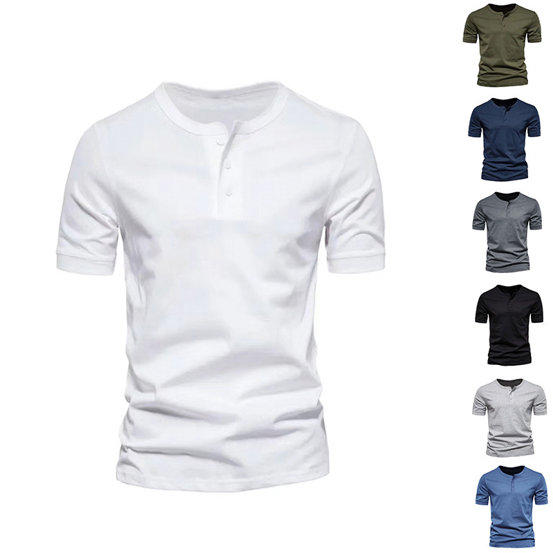 2026 Foreign Trade Cross-Border Men's Clothing Round Neck Short-Sleeved Young Men's Casual Slim Sports Henley Shirt Pure Color T-Shirt for Men