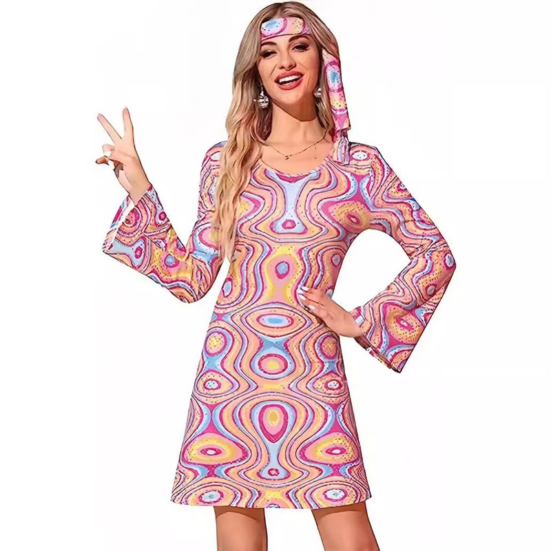 2024 Amazon Cross-border New European and American Women's Halloween Vintage Hippie Trumpet Sleeve Printed Women's dress