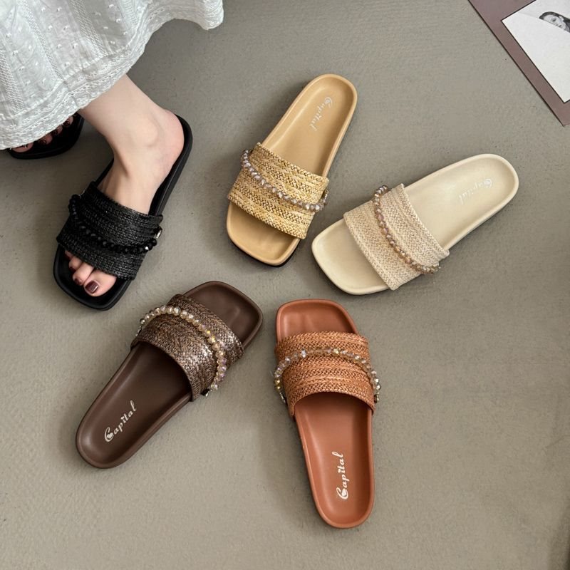 Beaded Woven Sandals for Women, Summer 2026 New Fashion Flat-Soled High-End Beach Soft-Soled Slip-Ons Beaded Woven Sandals for Women, Summer 2026 New Fashion Flat-Soled High-End Beach Soft-Soled Slip-Ons