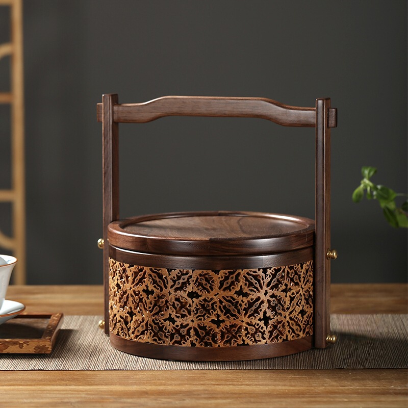 Solid Wood New Chinese Style Box Walnut Craft Snack Box Solid Wood Tea Set Storage Basket Walnut Portable Food Box