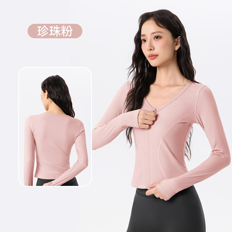 欧美修身显瘦瑜伽外套女拉链开衫收腹运动长袖V领跑步健身服上衣|undefined