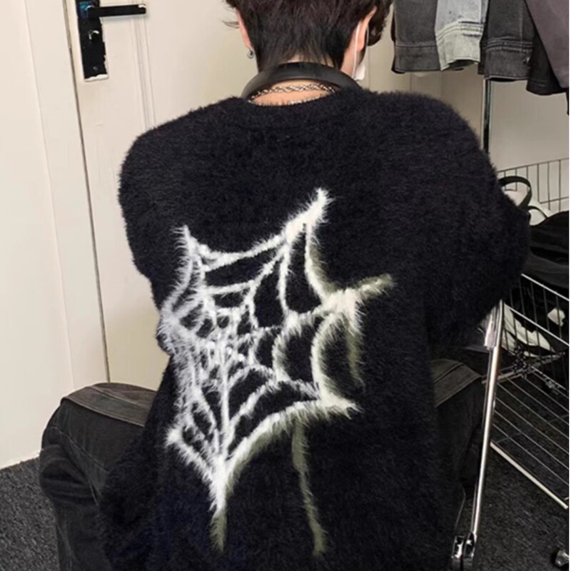 Spider Pattern Mink Velvet Knitted Sweater Men's Winter Thickened Warm Heavy Puppy Handsome High-end Sweater for Couple High Street Spider Pattern Mink Velvet Knitted Sweater Men's Winter Thickened Warm Heavy Puppy Handsome High-end Sweater for Couple High Street