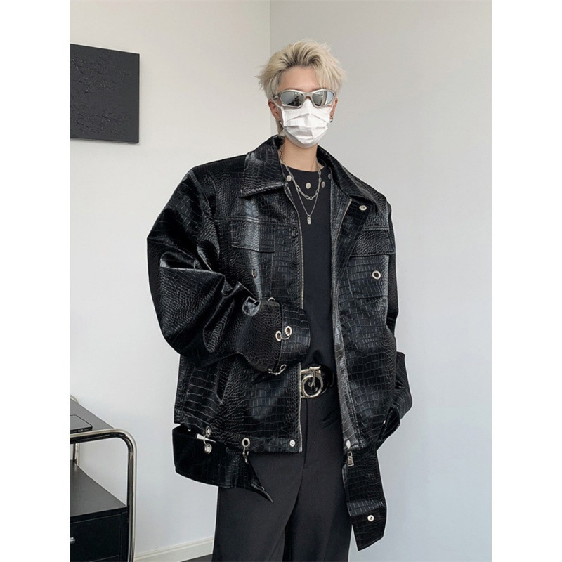 Crocodile Pattern Shoulder Pad Leather Jacket with a Unique Design, Niche European and American Hip-Hop Style, Trendy High-End Retro Men's Coat