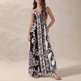 2025年夏款欧美跨境亚马逊系带女装长裙v领无袖印花连衣裙