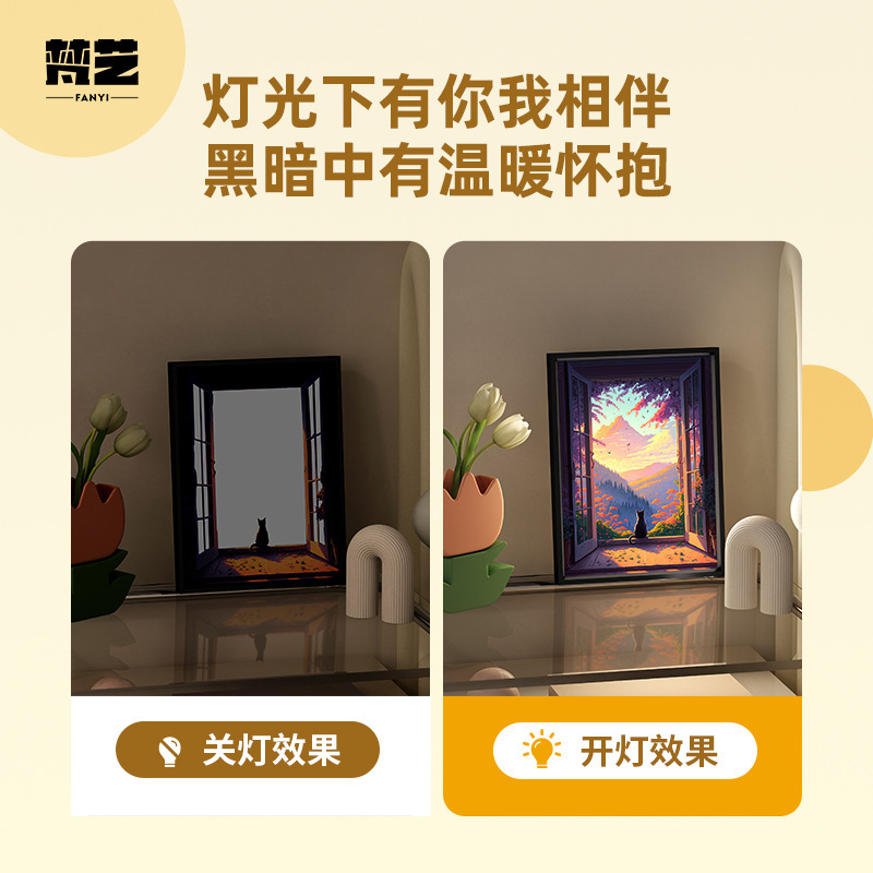 七夕の贈り物 ライトと音響付きの絵画 モダンでシンプルな漫画風風景 恋愛記念装飾画 可愛い子猫の絵画|undefined
