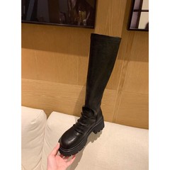 牛皮葡萄妈同款真皮厚底褶皱堆堆靴女粗跟高筒靴子弹力瘦瘦长筒靴