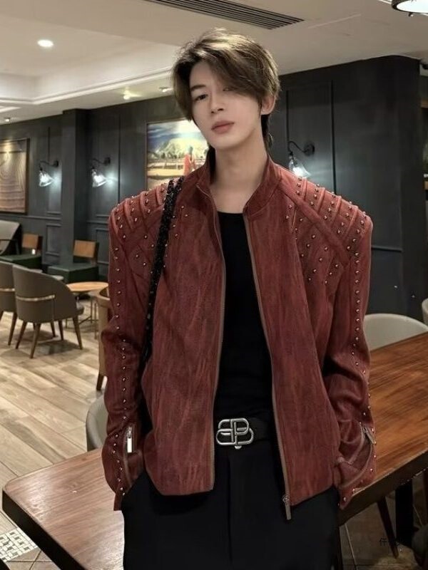 Brick Red Rivet Nubuck Leather Jacket Men's Spring and Autumn Male Model Outfit Cool Biker Jacket
