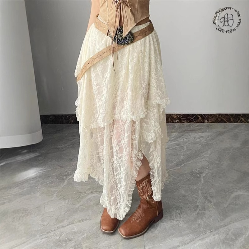 Cross-Border Bohemian Ethnic Style Wavy Hem High-Waisted Lace Skirt Sweet Girl Layered Holiday Style Long Skirt