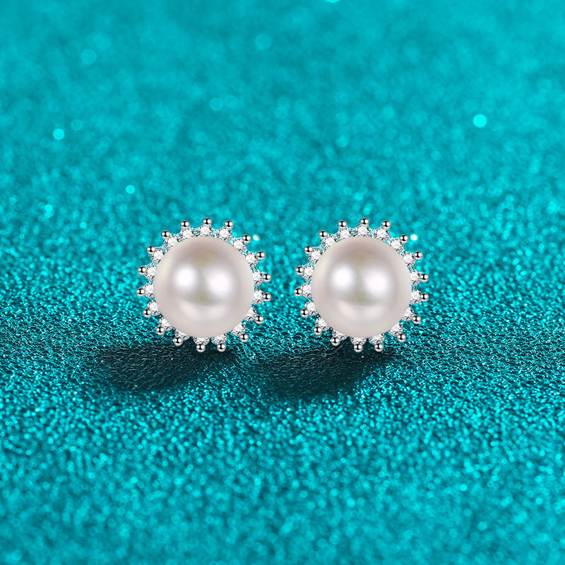 Orecchini pendenti a forma di girasole in argento sterling S925 con moissanite color D e perla. Design elegante, semplice e di alta gamma._voghion.com