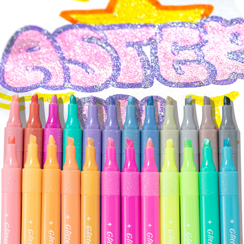 skyglory跨境炫彩熒光筆大容量學生塗鴉閃光筆12色雙頭彩筆手賬筆