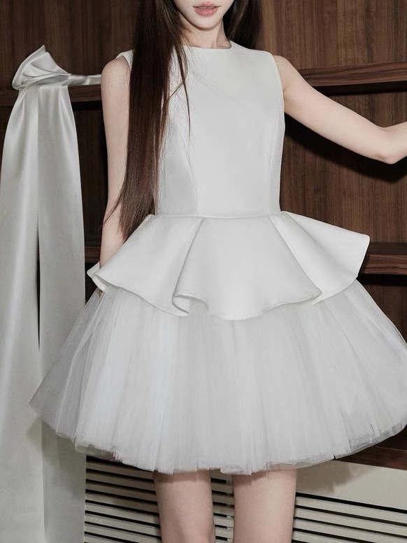 avenement/バレエ風ノースリーブラウンドネックパッチワークメッシュチュチュスカートドレスレディース夏