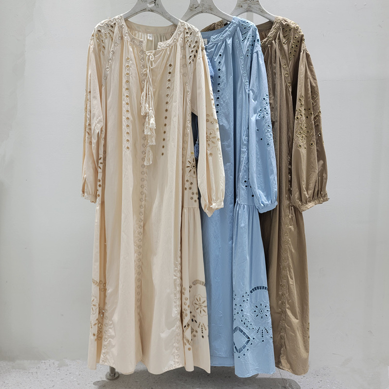 Niche Design Three-Color Vacation Dress with Hollow Embroidery + Tassel Tie Loose Bohemian Style Long Dress