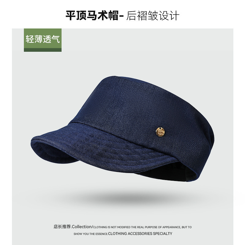 日系复古深蓝牛仔平顶马术帽女四季纯棉英伦风鸭舌帽韩版海军帽男|undefined