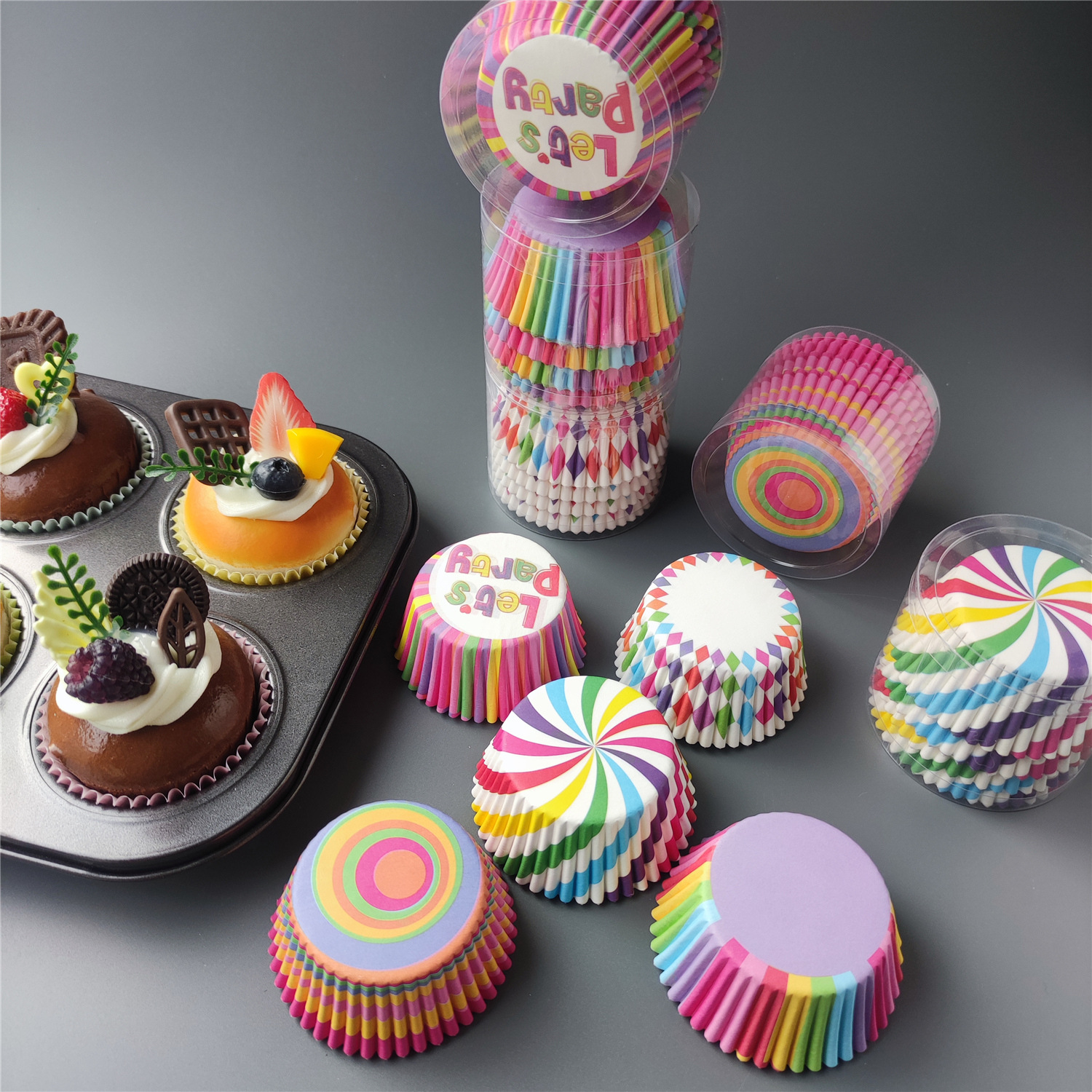 PVC barril de color arcoíris pastel de papel taza de papel pastel de color de papel soporte de nieve niang pastel de luna almohadilla de papel muffin taza