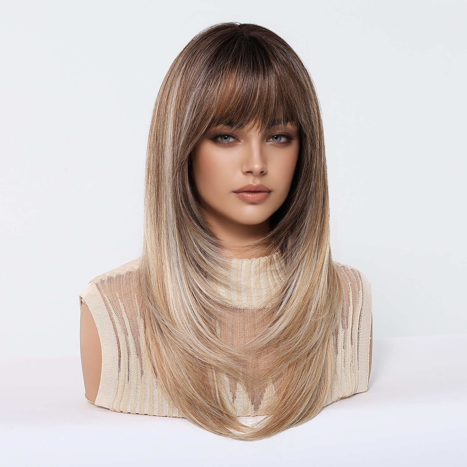 Nuevas pelucas transfronterizas, flequillo de aire, nivel de atmósfera, negro, marrón, cabello largo y liso, cubierta de fibra química, punto de fábrica