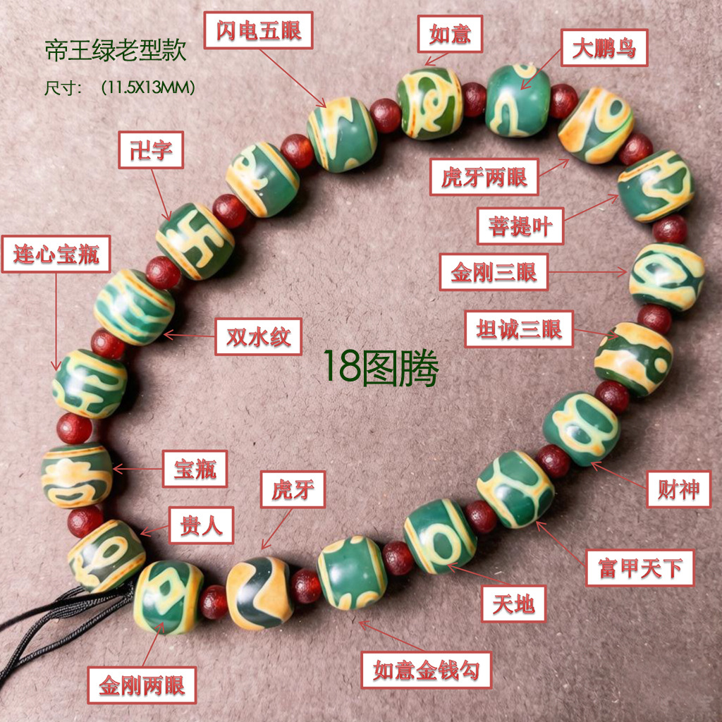 厂家批发帝王绿老型款18图腾多宝天珠藏式复古绿玛瑙尺寸13X11.5m