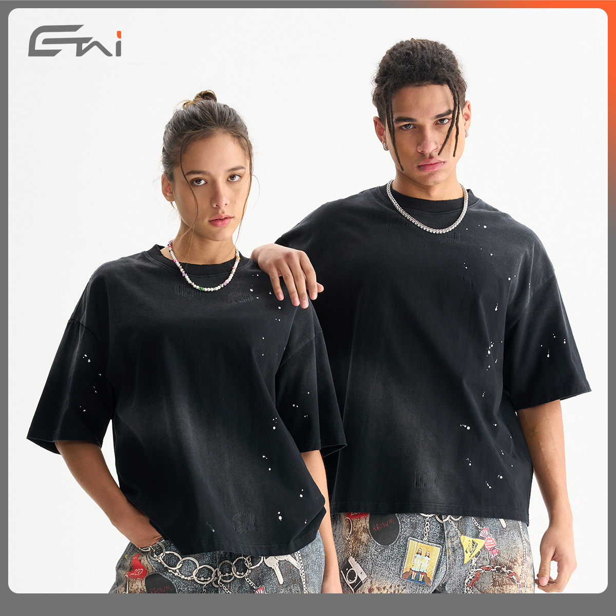 ETAI Hombre| Suelta corta inyección de tinta de caballo de algodón de alta calidad pesado de hombro caer camiseta desgastada image 5