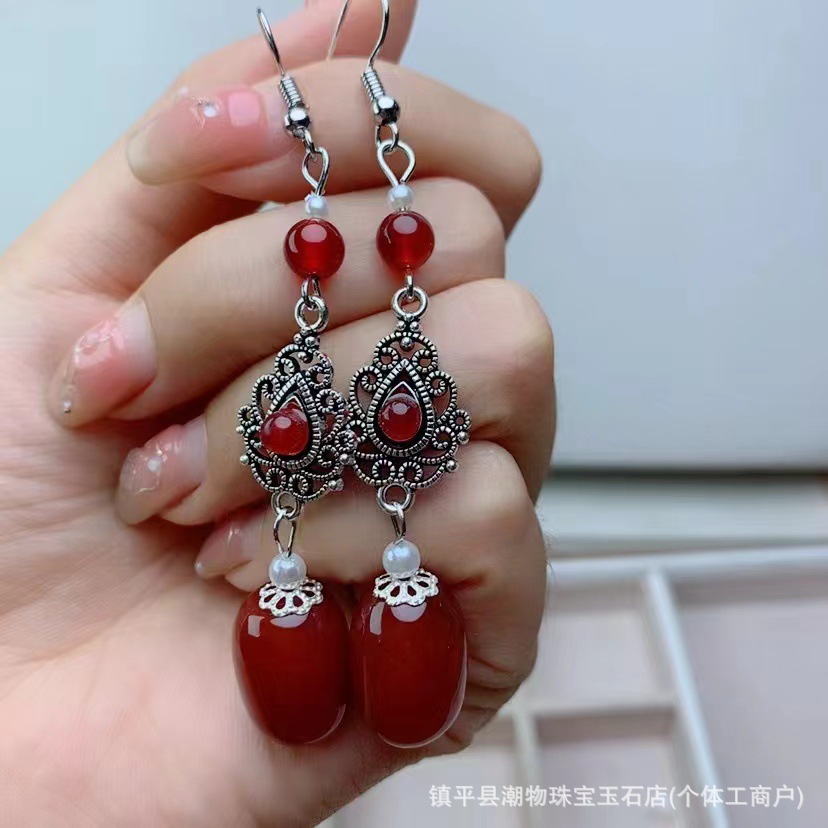 천연 붉은 마노 이어 후크 귀걸이 귀걸이 빨간 전송 돌 귀 후크 여성의 어머니를위한 우아한 선물