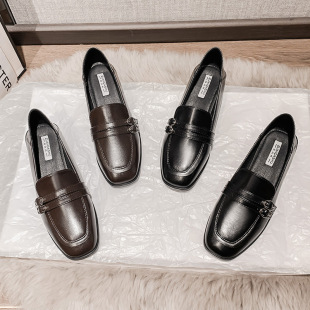 2025 New Commuter Loafers Square Tome Shallow Mouth plus size Thick Heel Small Leather Shoes Women's All-match British Style fleece-lined Flat Bottom