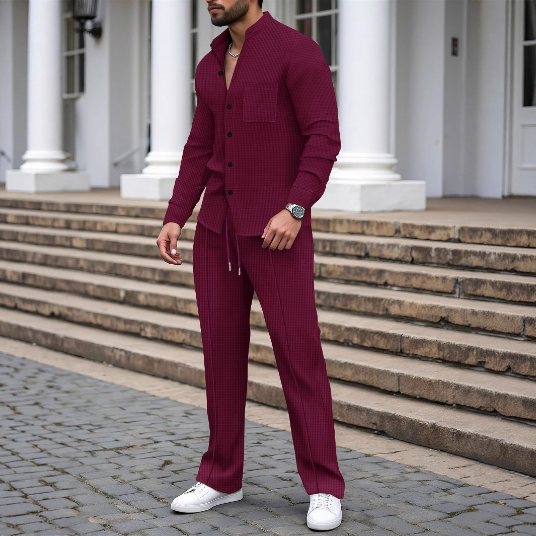 K Men's New Waffle Solid Color Stand Up Collar Cardigan Shirt Long Sleeved Pants Casual Suit_viptrois.com