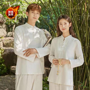 Cotton and linen yoga clothes suit Meditation meditation clothes loose plus size Jushi clothes tea clothes women's improved Hanfu fleece-lined thickened