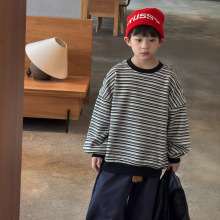 蓝钰25秋冬新品韩国童装中小童男童黑白条纹绒感加厚加绒套头卫衣