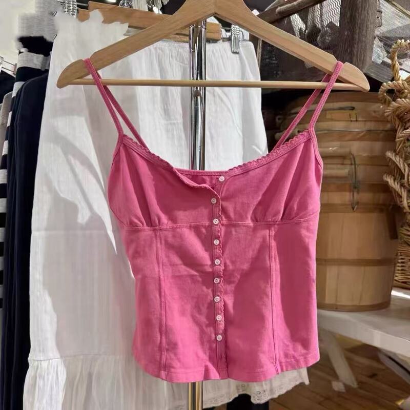 BM style American hot girl raspberry pink lace camisole for women, slim-fit, waist-cinching, single-breasted outerwear top BM style American hot girl raspberry pink lace camisole for women, slim-fit, waist-cinching, single-breasted outerwear top