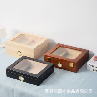 Japanese Imitation Cedar Cigar Box Transparent Skylight Thick Smoke Packaging Box with Lock Solid Wood Men's Cigar Moisturizing Box