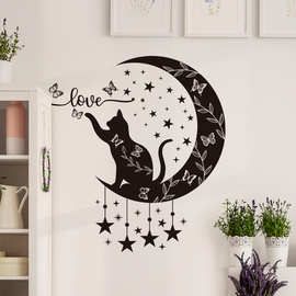 黑色猫咪门上装饰贴纸月亮星星墙面装饰贴画儿童房背景墙可移除贴