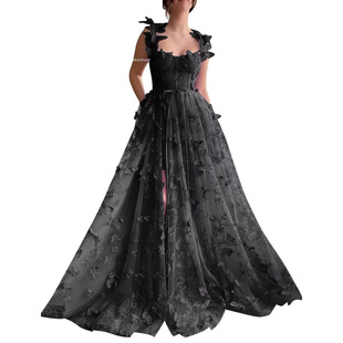 European and American foreign trade ball evening dress 2025 new big swing dress mesh butterfly lace long dress
