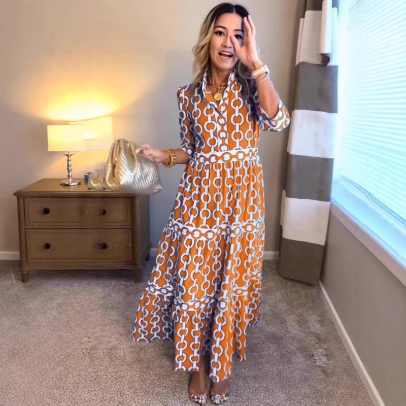 2026 European and American Spring/Summer New Women's Clothing in Stock for Cross-Border Sales on Amazon, Geometric Print Round Neck Long Dress for Women 2026 European and American Spring/Summer New Women's Clothing in Stock for Cross-Border Sales on Amazon, Geometric Print Round Neck Long Dress for Women