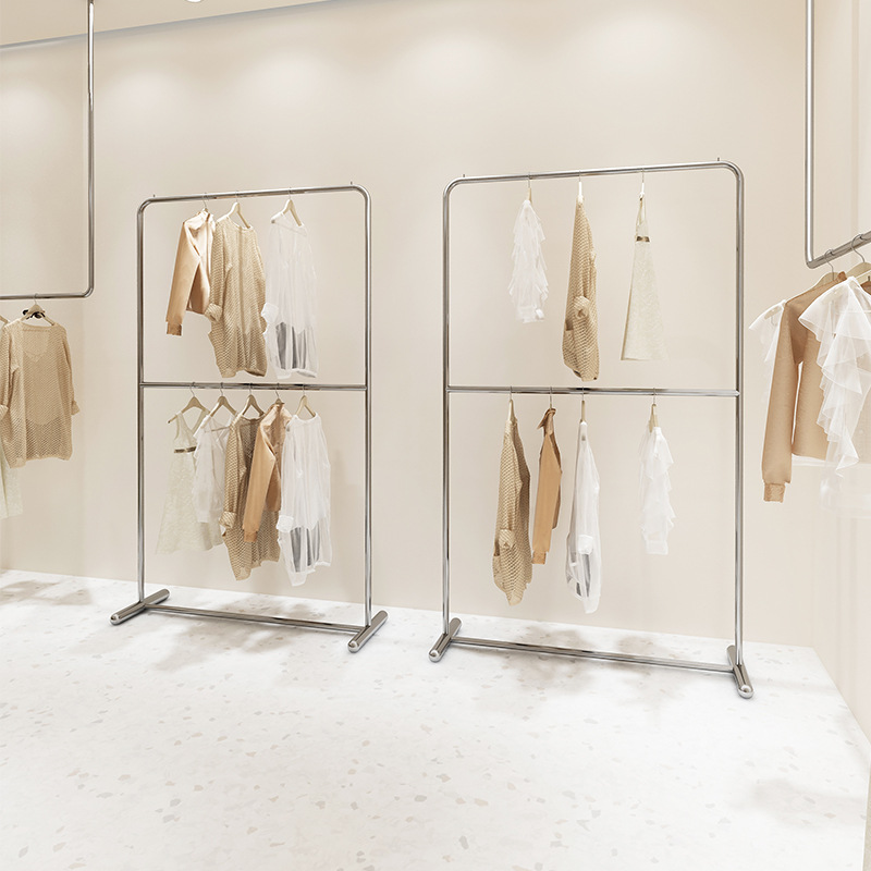Clothing store display rack floor-standing children's clothing and women's clothing double-layer shelf lift-adjustable clothes hanger stainless steel 