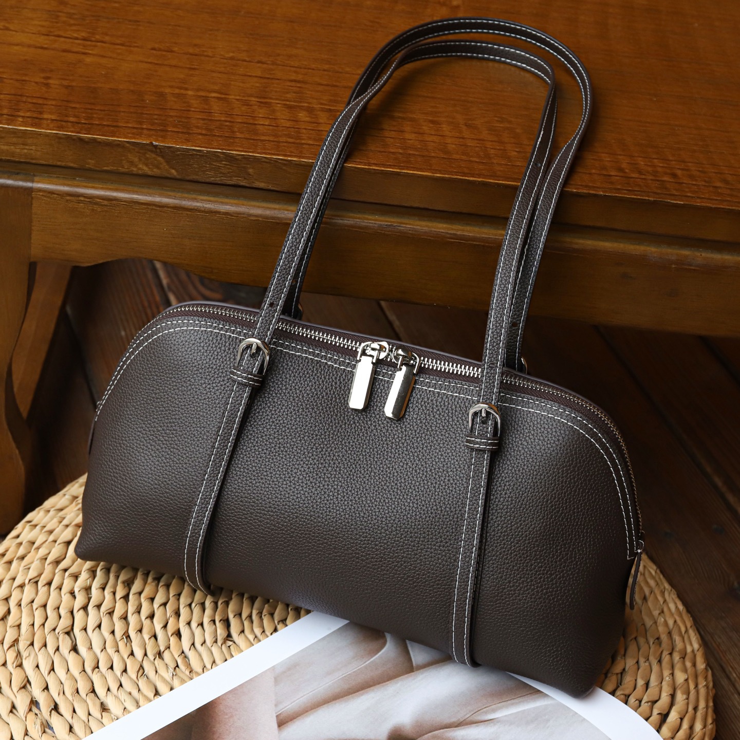 Cross-Border Women's Top Grain Cowhide Bowling Bag Retro Casual Commuter Genuine Leather Shoulder Handbag - Thumbnail 6