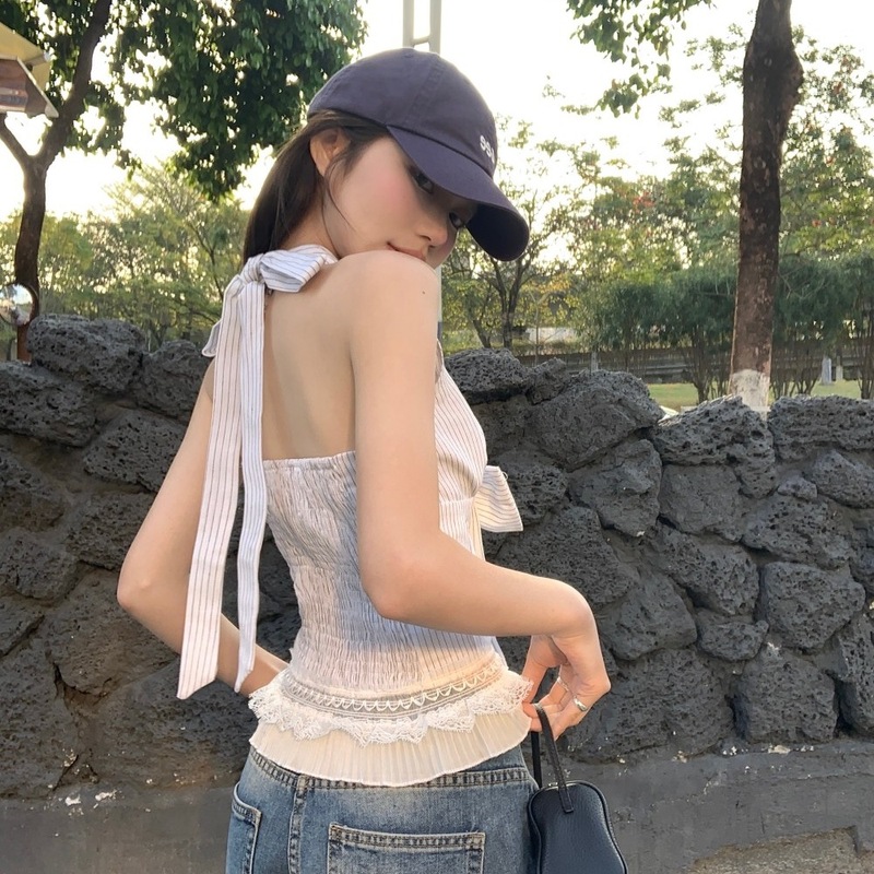 フレンチ V ネックボウストライプホルターネックキャミソール女性の夏のホットガールインナーウェアショートトップシェニール|undefined