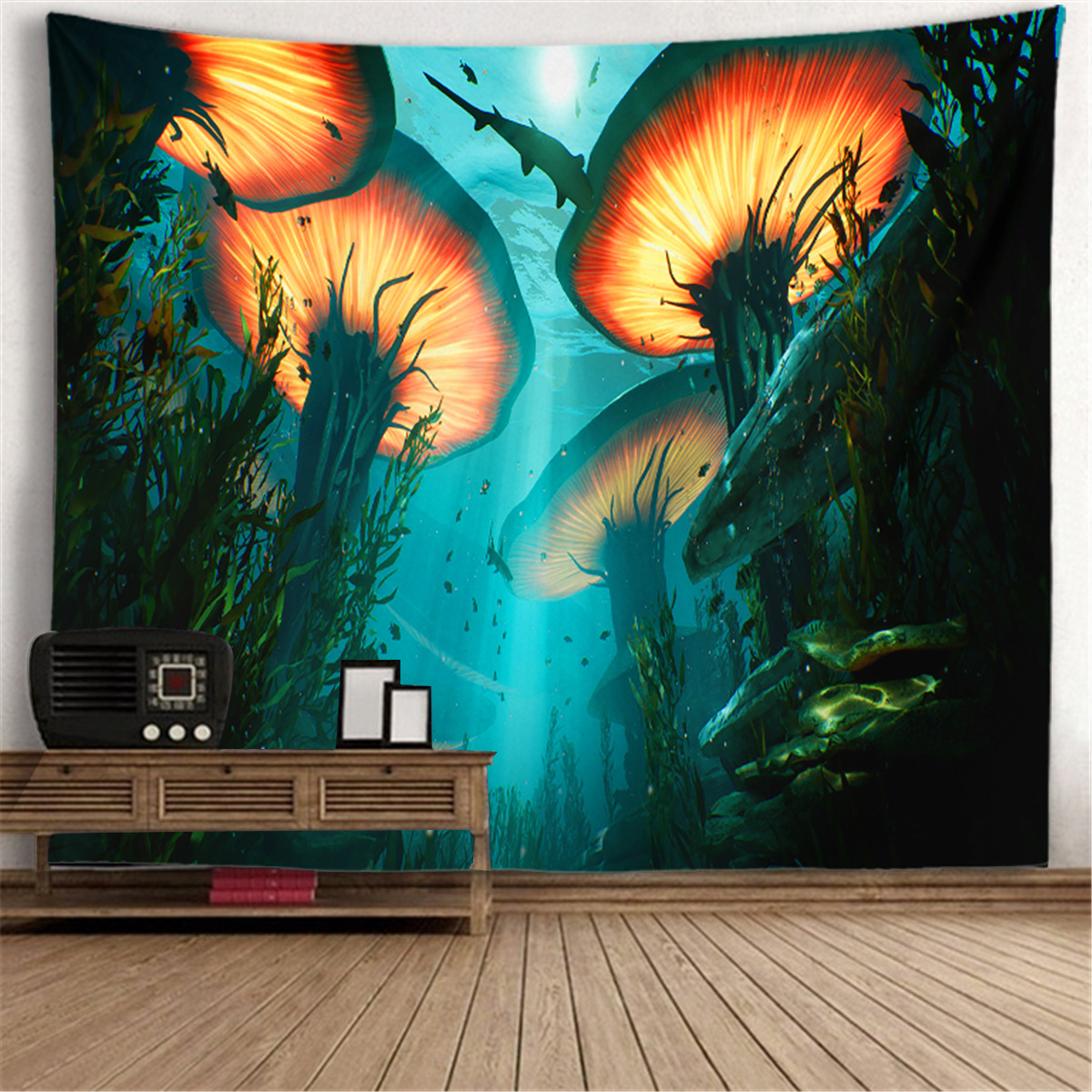 Cross-Border Hot-Selling Peach Skin Brushed Cloth Tapestry Hot-Selling Painted Mushroom Background Cloth Tapestry Hanging Cloth Sofa Underwater