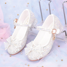 跨境代销新款女童公主鞋儿童高跟鞋女孩水晶鞋水钻珍珠蝴蝶结单鞋