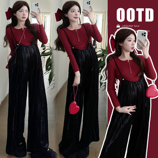 Real shot in stock spring knitted top Korean velvet suspenders for pregnant women suit