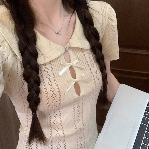 Summer New Women's Fashion French-Style Doll-Collar Knitted Short-Sleeved T-Shirt, Short Style, with Bowknot and Hollowed-Out Design, Sweet Top for Instagram