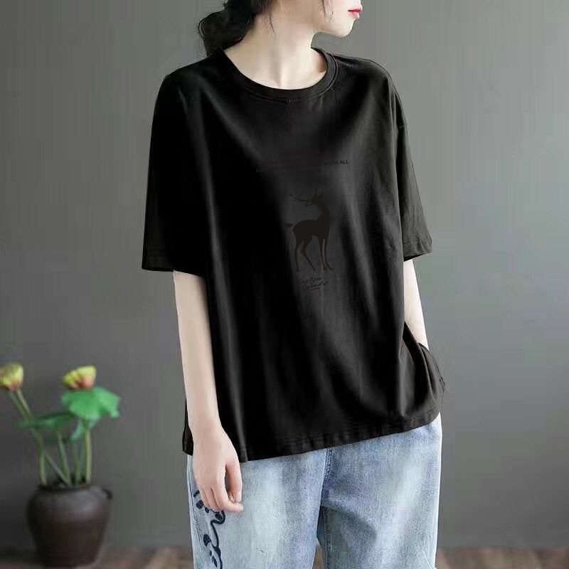 淘宝服ファッショングレー新しいラウンドネックルーズ半袖Tシャツ女性の新しいデザインの文学トップ|undefined